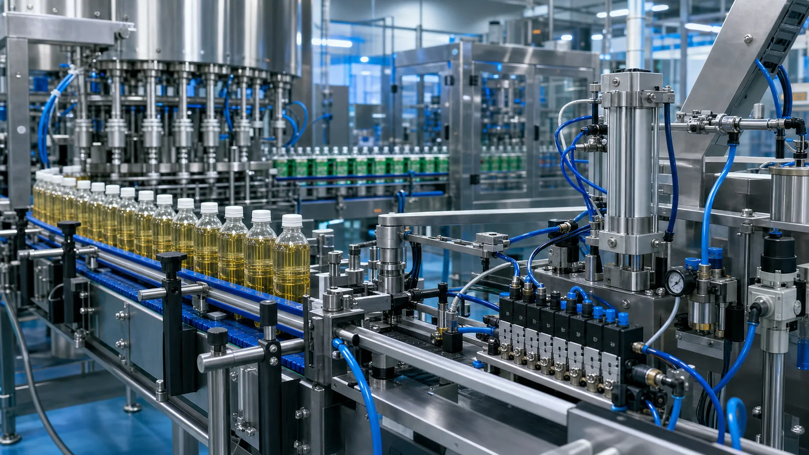 Food and beverage packaging line with pneumatic control