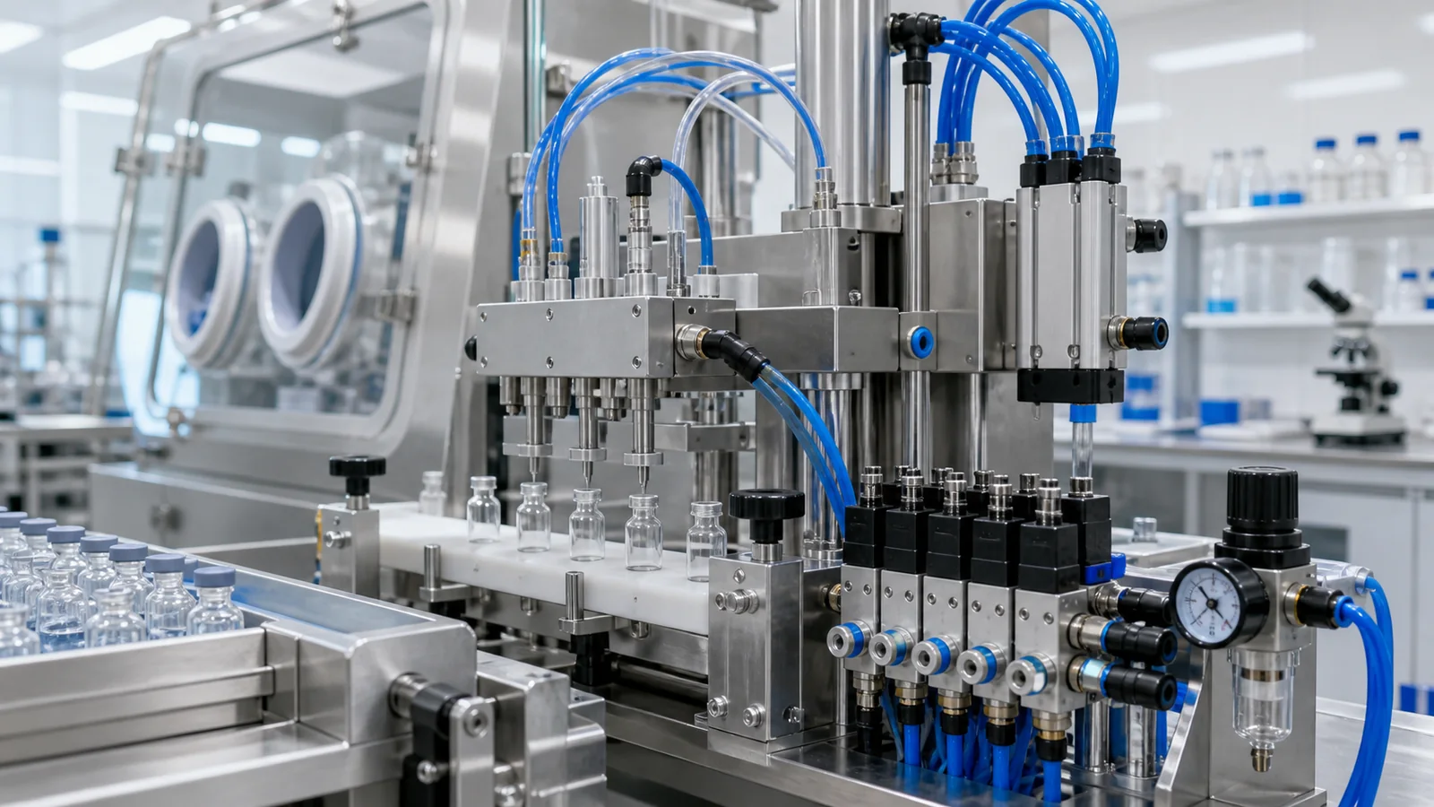 Pharmaceutical and laboratory equipment with compact pneumatics